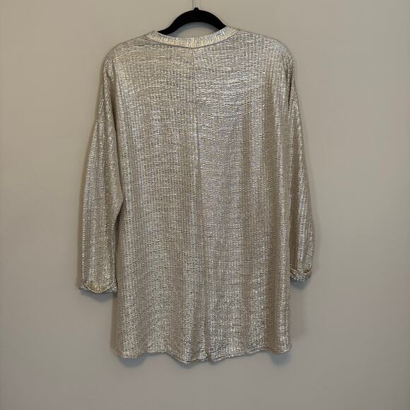 Vie Ta Vie Paris Blouse Womens XL Tan Metallic Plisse Funky Disco Evening Party - Picture 2 of 8